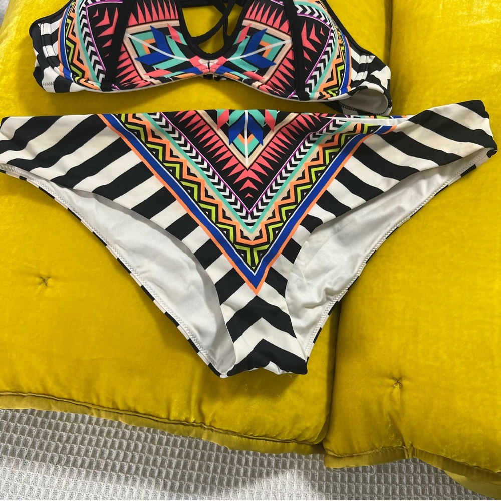 Rare Victoria’s Secret Pink Strappy Swimsuit Bikini Set Geometric Stripe Aztec L - Picture 6 of 10